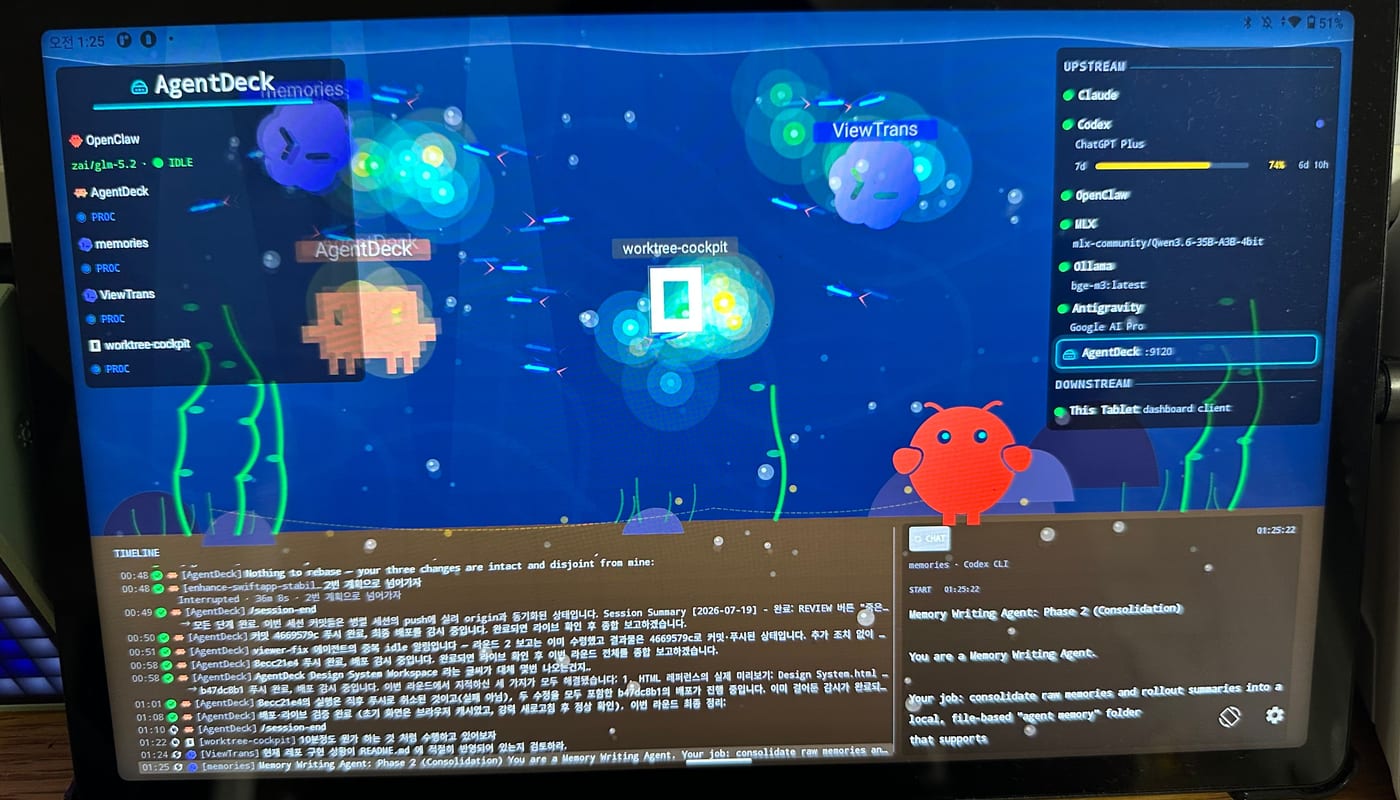 Android tablet running the AgentDeck Compose dashboard
