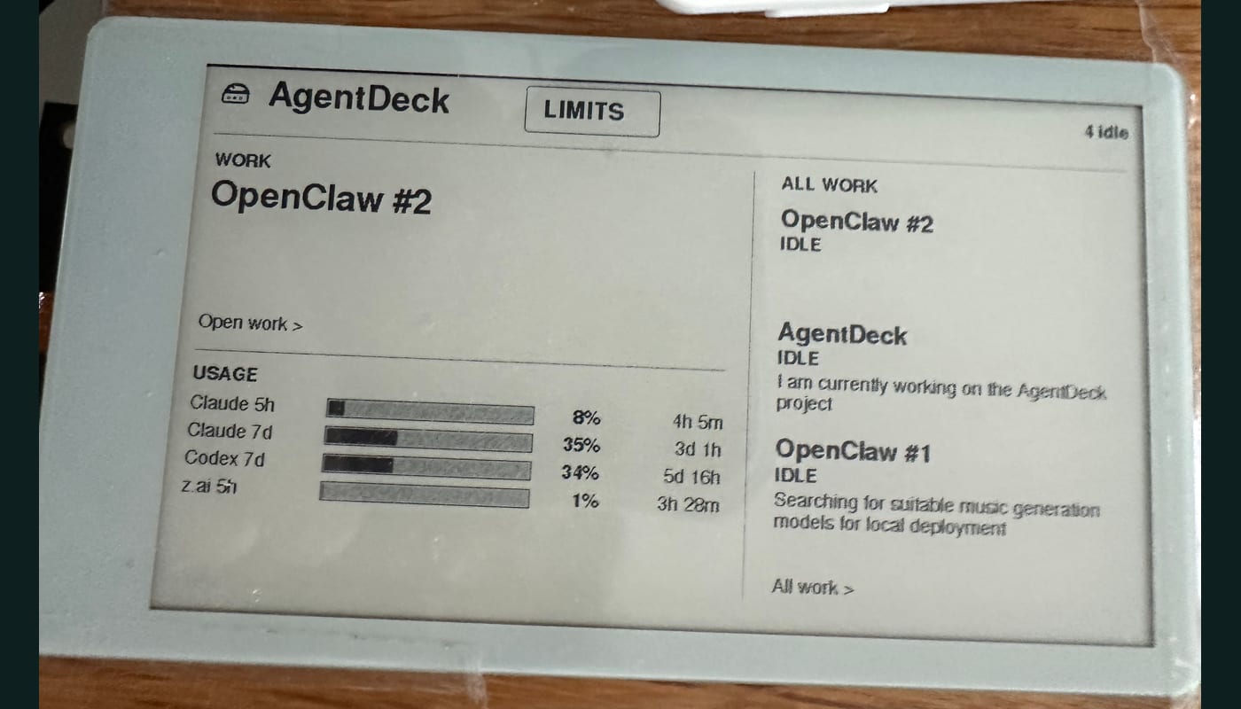 LilyGo EPD47 4.7-inch grayscale e-ink panel showing AgentDeck focused work, sessions, and usage