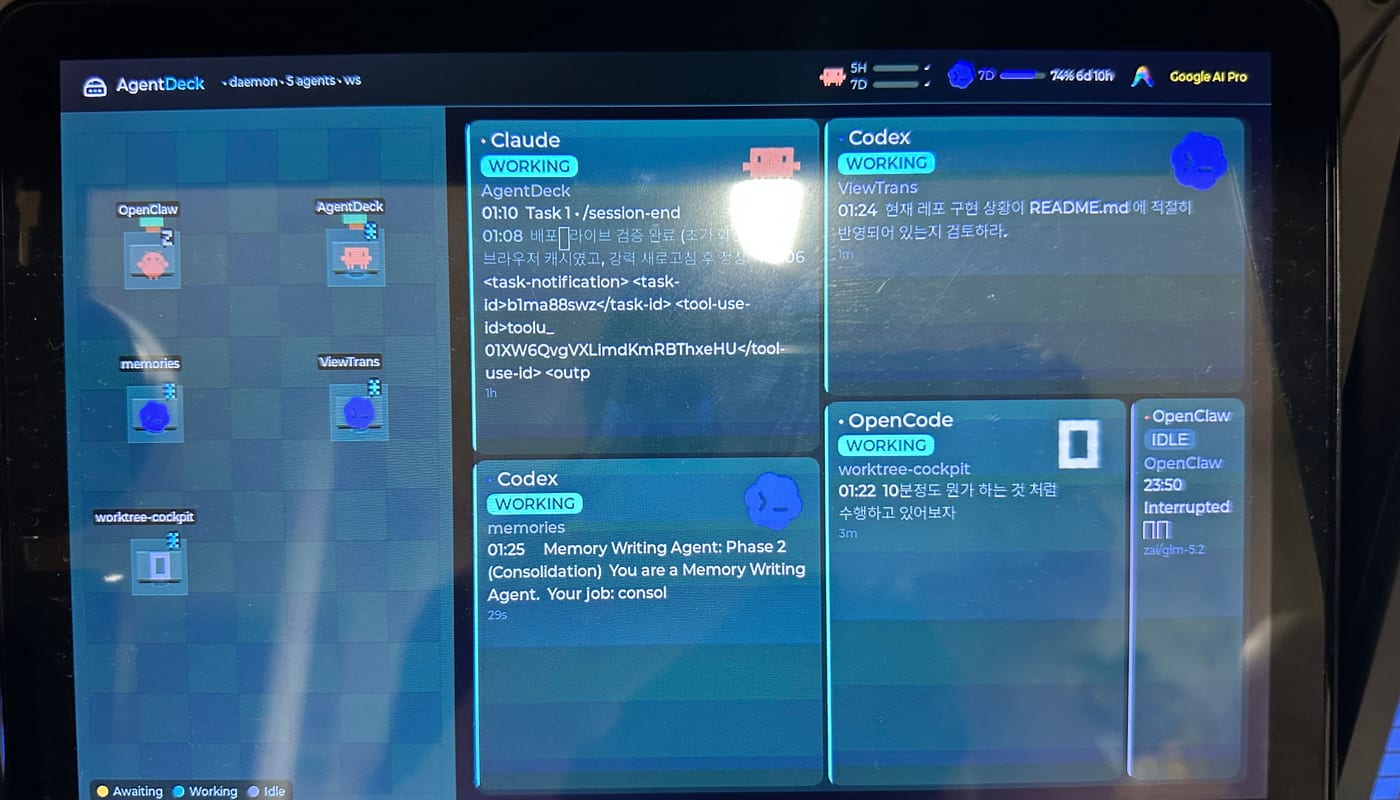 ESP32 IPS 10.1-inch panel running the AgentDeck dashboard