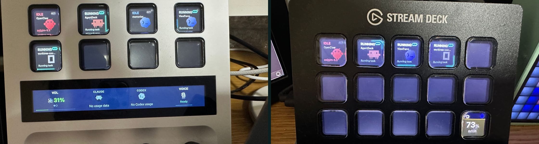 Elgato Stream Deck+ and the 15-key Stream Deck, both showing one AgentDeck session per key