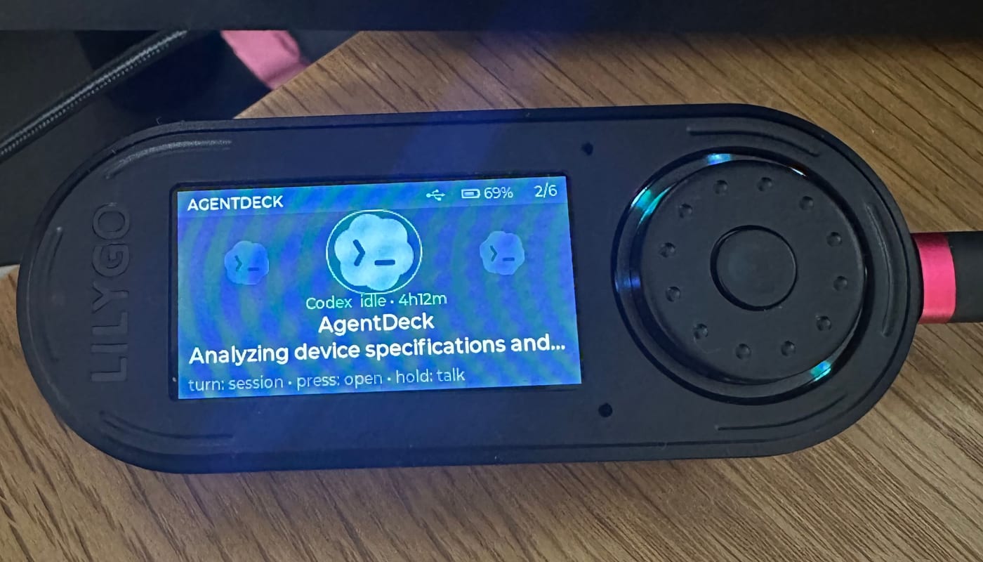 LilyGO T-Embed CC1101 Companion Knob showing an AgentDeck session card