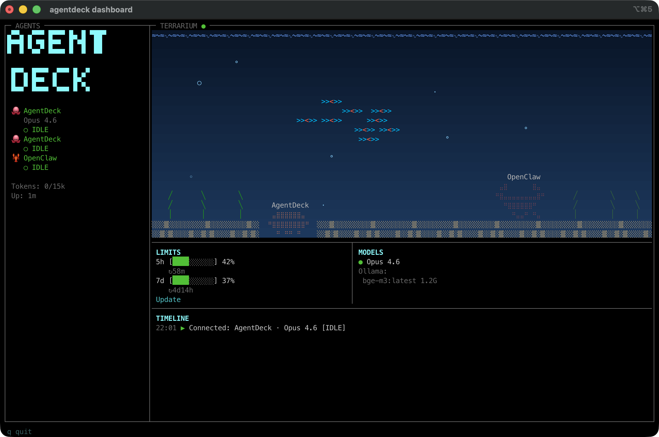 AgentDeck TUI dashboard in a terminal