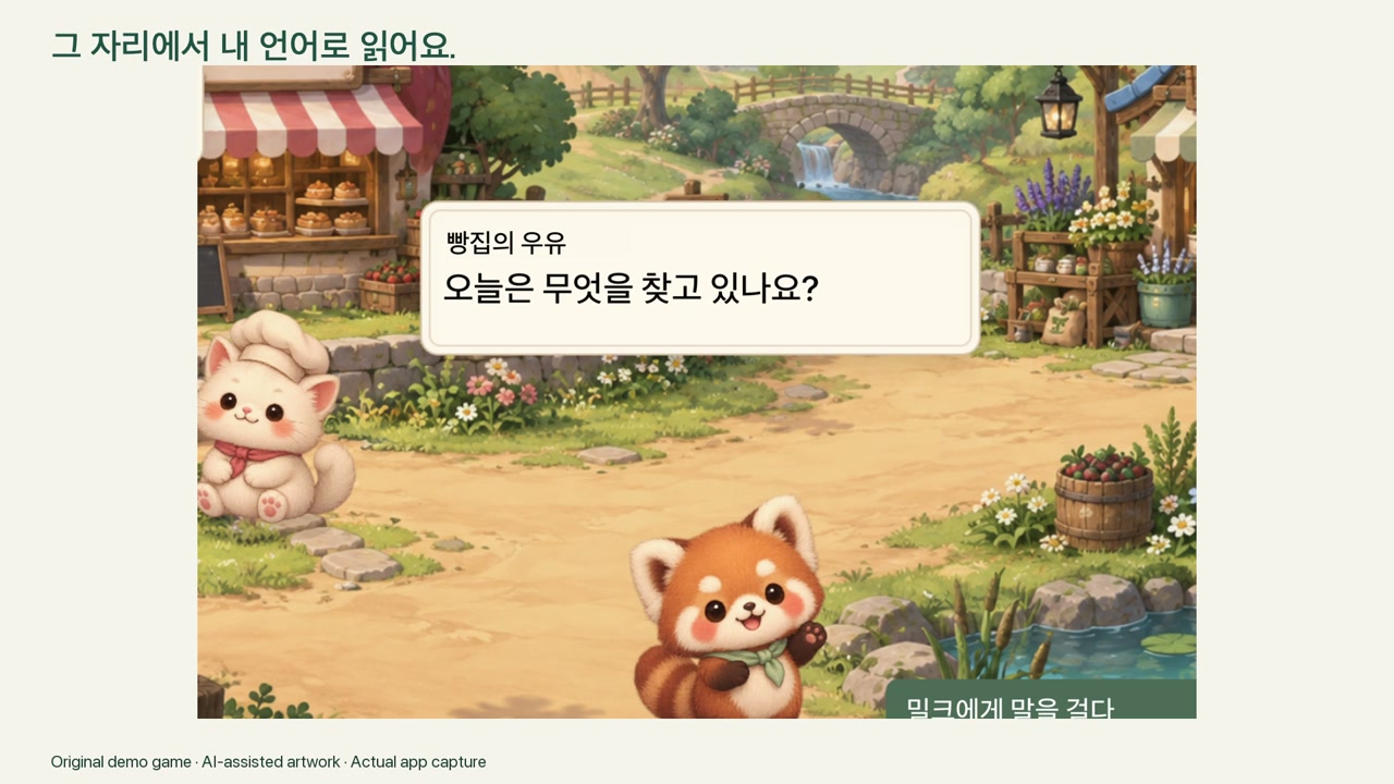 게임 화면 위에서 번역된 대사를 읽어 보세요.